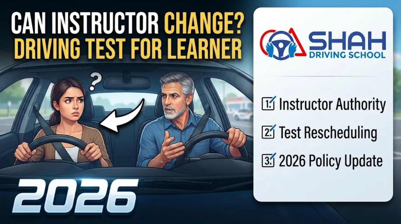 A blog thumbnail for Shah Driving School featuring a confused female learner driver looking at a male instructor in a car. Large text at the top reads "CAN INSTRUCTOR CHANGE? DRIVING TEST FOR LEARNER". An information box on the right with the Shah Driving School logo lists: "1. Instructor Authority", "2. Test Rescheduling", "3. 2026 Policy Update". The large number "2026" is at the bottom.
