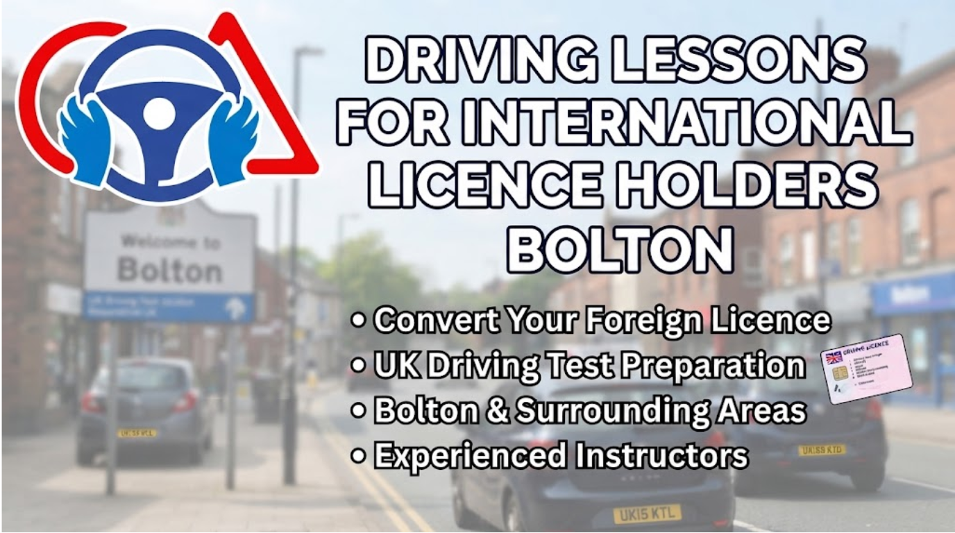 Blog banner titled "Driving Lessons for International Licence Holders Bolton," featuring the Shah Driving School logo (blue steering wheel with hands inside a red triangle) and a bulleted list of services against a blurred UK street background with a "Welcome to Bolton" sign.