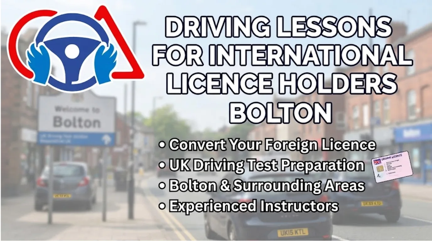 Blog banner titled "Driving Lessons for International Licence Holders Bolton," featuring the Shah Driving School logo (blue steering wheel with hands inside a red triangle) and a bulleted list of services against a blurred UK street background with a "Welcome to Bolton" sign.