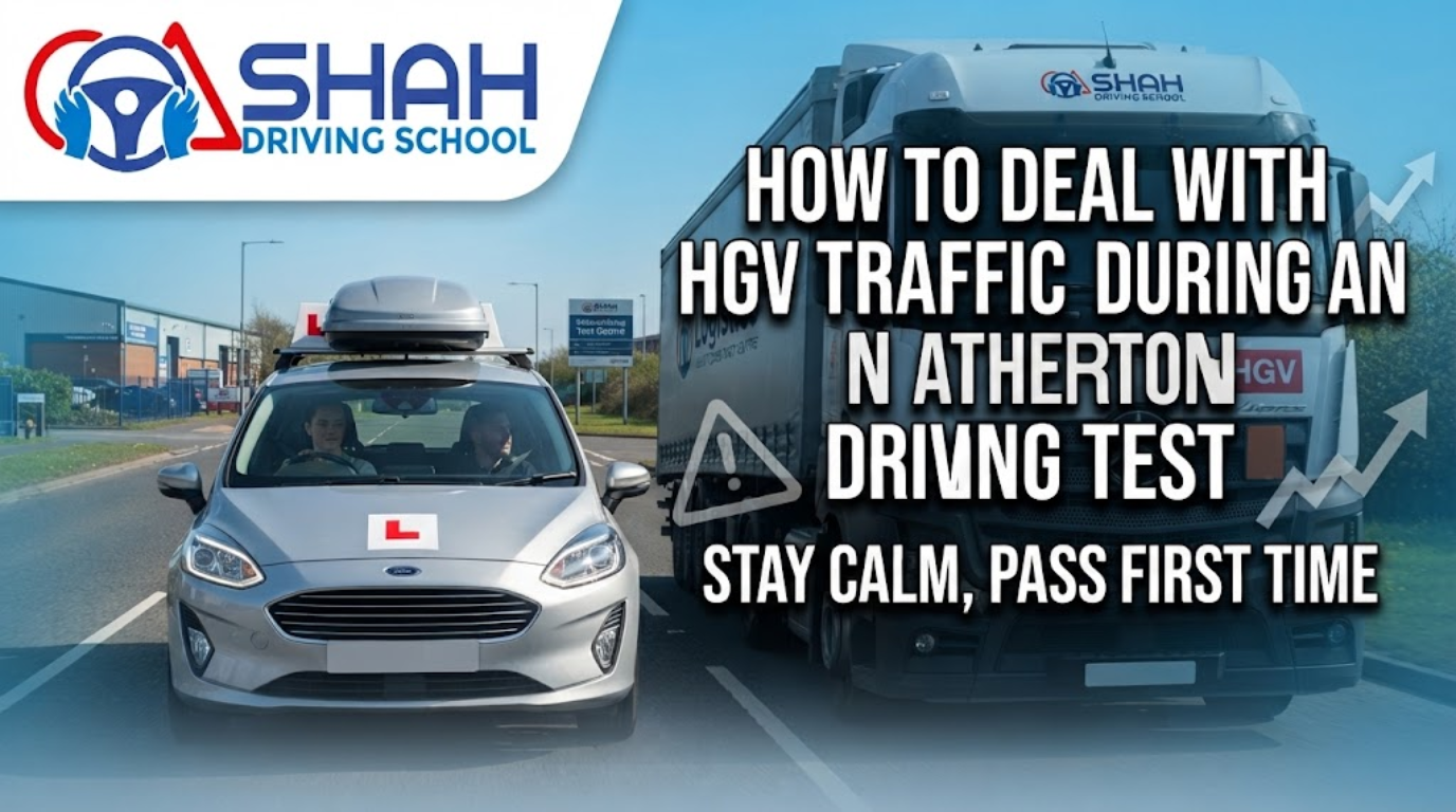 A professional blog thumbnail for "Shah Driving School" titled "HOW TO DEAL WITH HGV TRAFFIC DURING AN ATHERTON DRIVING TEST - STAY CALM, PASS FIRST TIME". The image shows a silver Shah Driving School Ford Fiesta learner car being overtaken by a large HGV semi-truck on a road near an industrial area.