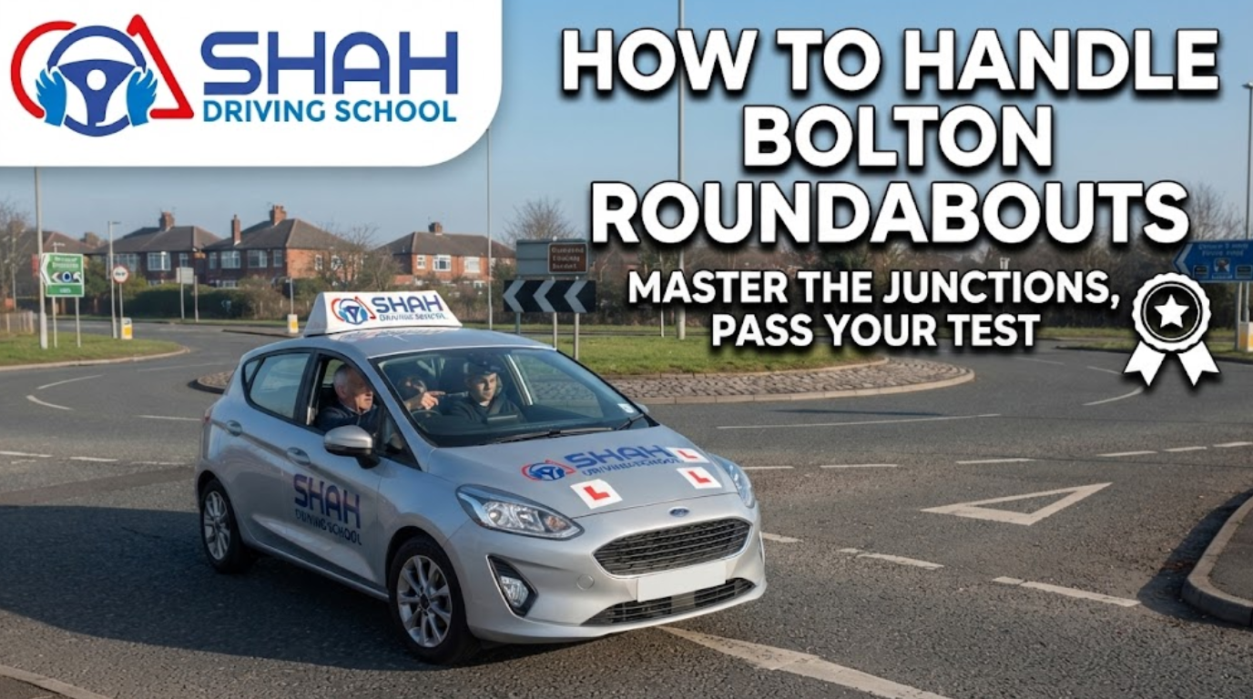 A promotional blog thumbnail for 'Shah Driving School' featuring a silver Ford Fiesta learner car with 'L' plates navigating a multi-lane roundabout in a UK residential area. Bold white text on the right reads: 'HOW TO HANDLE BOLTON ROUNDABOUTS - MASTER THE JUNCTIONS, PASS YOUR TEST'. The official Shah Driving School logo with a blue steering wheel icon is in the top-left corner.