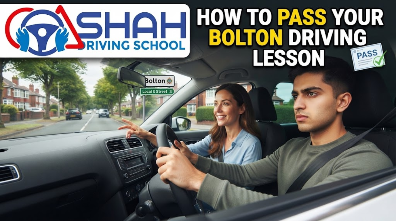 Inside a driving instructor car in Bolton with a male student driver and female instructor, featuring the Shah Driving School logo and a 'PASS' certificate graphic.