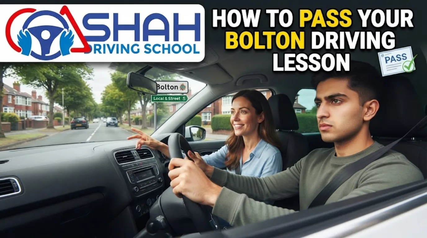 Inside a driving instructor car in Bolton with a male student driver and female instructor, featuring the Shah Driving School logo and a 'PASS' certificate graphic.