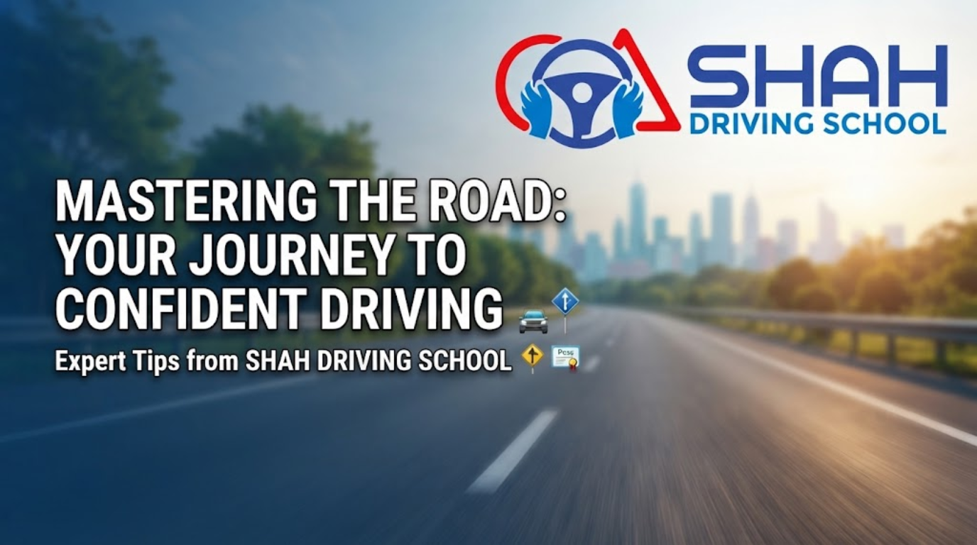 Website banner for SHAH DRIVING SCHOOL featuring a blurred highway leading towards a city skyline at sunset, with the logo in the top right and large text reading "MASTERING THE ROAD: YOUR JOURNEY TO CONFIDENT DRIVING" on the left.