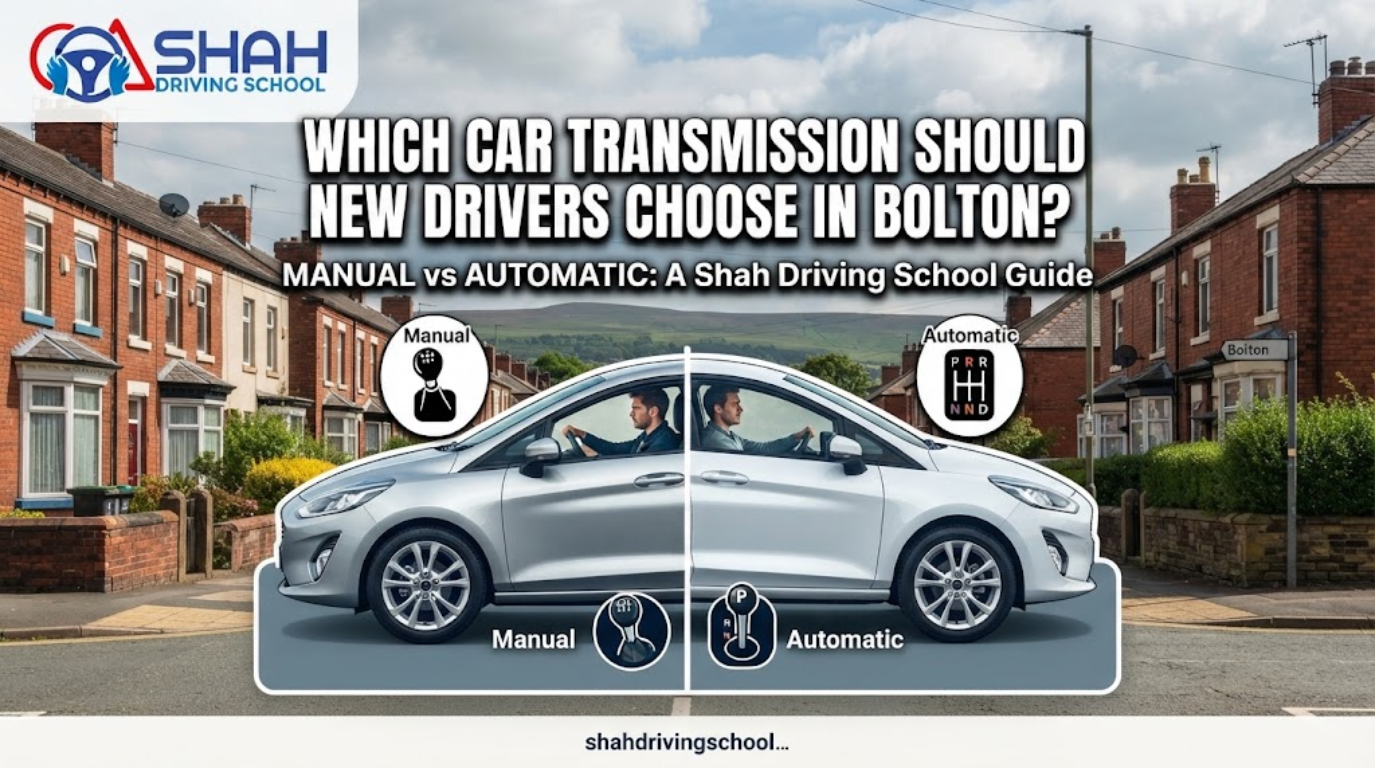 Shah Driving School banner featuring a silver Ford Fiesta divided into manual and automatic sections, driving on a suburban Bolton street with the West Pennine Moors in the background. Large white text reads: "WHICH CAR TRANSMISSION SHOULD NEW DRIVERS CHOOSE IN BOLTON? MANUAL vs AUTOMATIC". The school logo is in the top left.