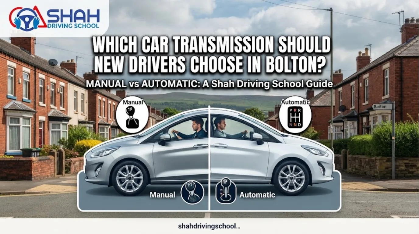 Shah Driving School banner featuring a silver Ford Fiesta divided into manual and automatic sections, driving on a suburban Bolton street with the West Pennine Moors in the background. Large white text reads: "WHICH CAR TRANSMISSION SHOULD NEW DRIVERS CHOOSE IN BOLTON? MANUAL vs AUTOMATIC". The school logo is in the top left.
