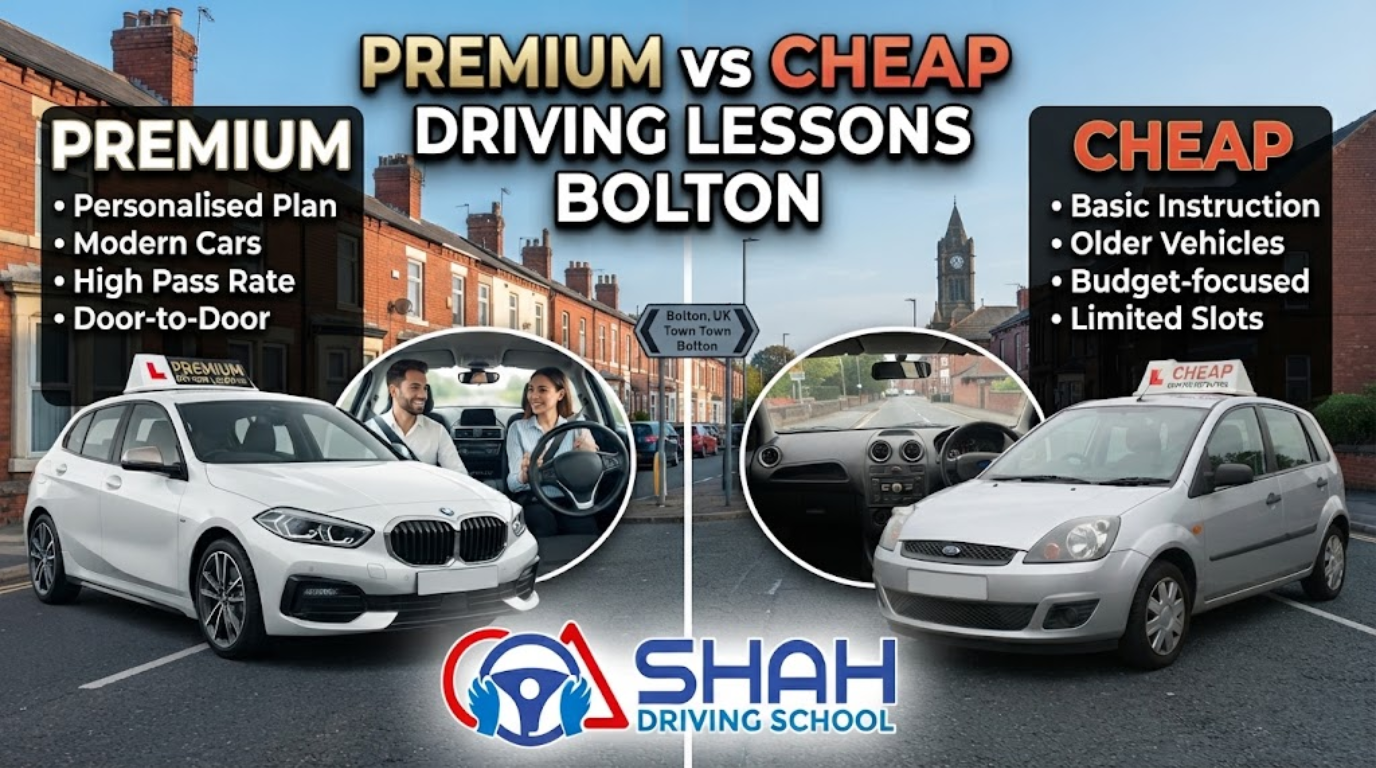A split-screen infographic thumbnail comparing 'Premium' and 'Cheap' driving lessons in Bolton. The left side shows a modern white BMW and an interior shot with an instructor and pupil, featuring text for 'Personalized Plan', 'Modern Cars', and 'High Pass Rate'. The right side shows an older silver Ford Fiesta and an interior shot, featuring text for 'Basic Instruction' and 'Older Vehicles'. The center top reads 'Premium vs Cheap Driving Lessons Bolton', and the 'SHAH DRIVING SCHOOL' logo is at the bottom center.