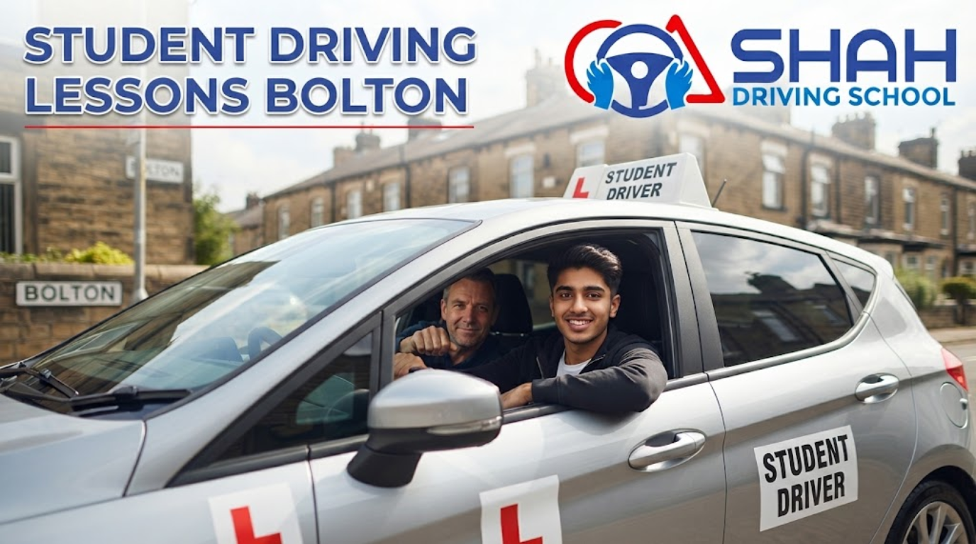 Student driving lessons in Bolton with Shah Driving School instructor and student in a car.