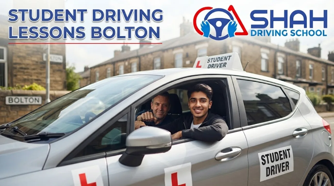 Student driving lessons in Bolton with Shah Driving School instructor and student in a car.