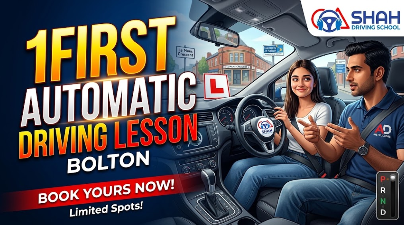 An illustrative YouTube thumbnail for Shah Driving School showing a female student and a male instructor inside a car during a first automatic driving lesson in Bolton. The view through the windshield shows Le Mans Crescent and the University of Bolton. Text overlay reads "1st First Automatic Driving Lesson Bolton."