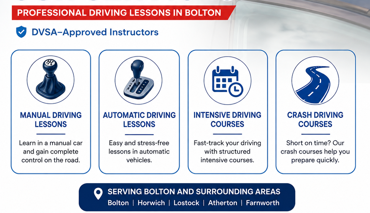 Manual, automatic, intensive and crash driving courses with Shah Driving School across Bolton, Atherton, Horwich, Lostock and Farnworth.