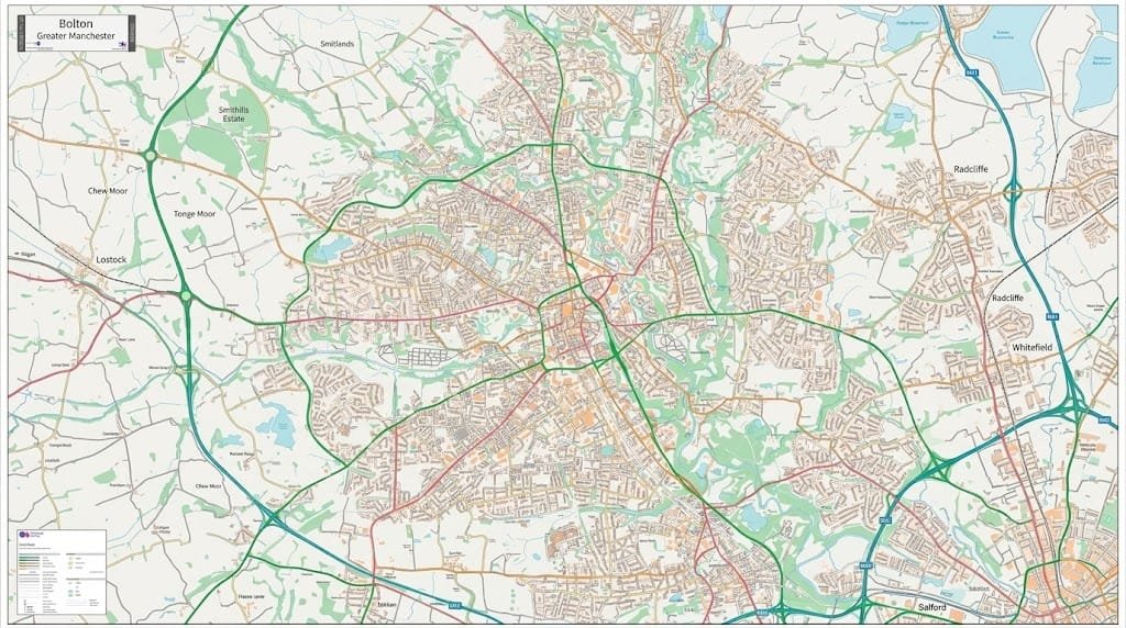 Detailed landscape street map of Bolton, Greater Manchester, showing road networks, urban layouts, water bodies, and green spaces in an Ordnance Survey cartographic style.   