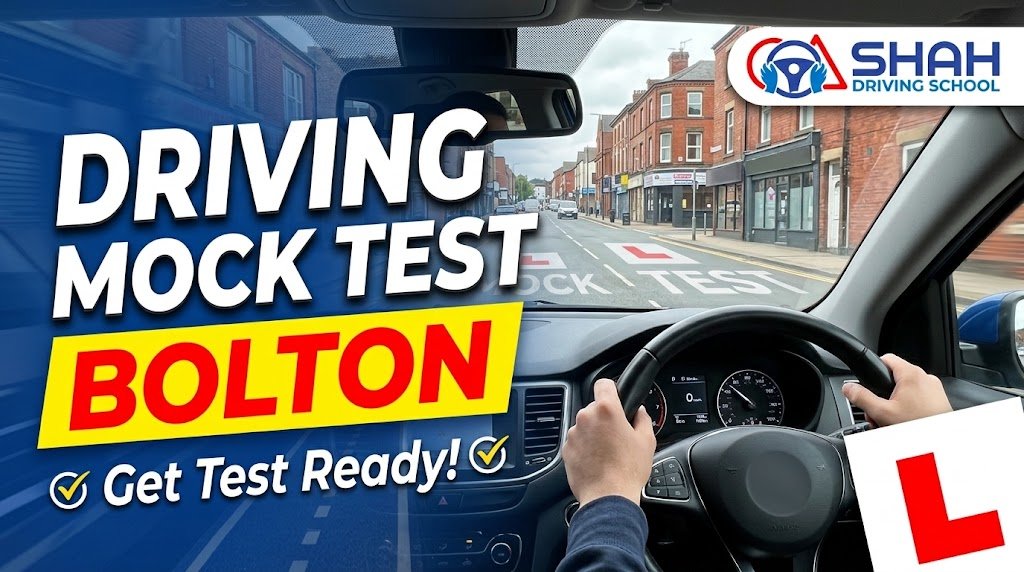 A first-person in-car view of a mock driving test in Bolton with Shah Driving School, showing a driver's hands on the steering wheel navigating a British street. Large, bold text reads "DRIVING MOCK TEST BOLTON" with a "Get Test Ready!" subtitle and a red "L" learner plate in the corner. The Shah Driving School logo is prominently displayed.