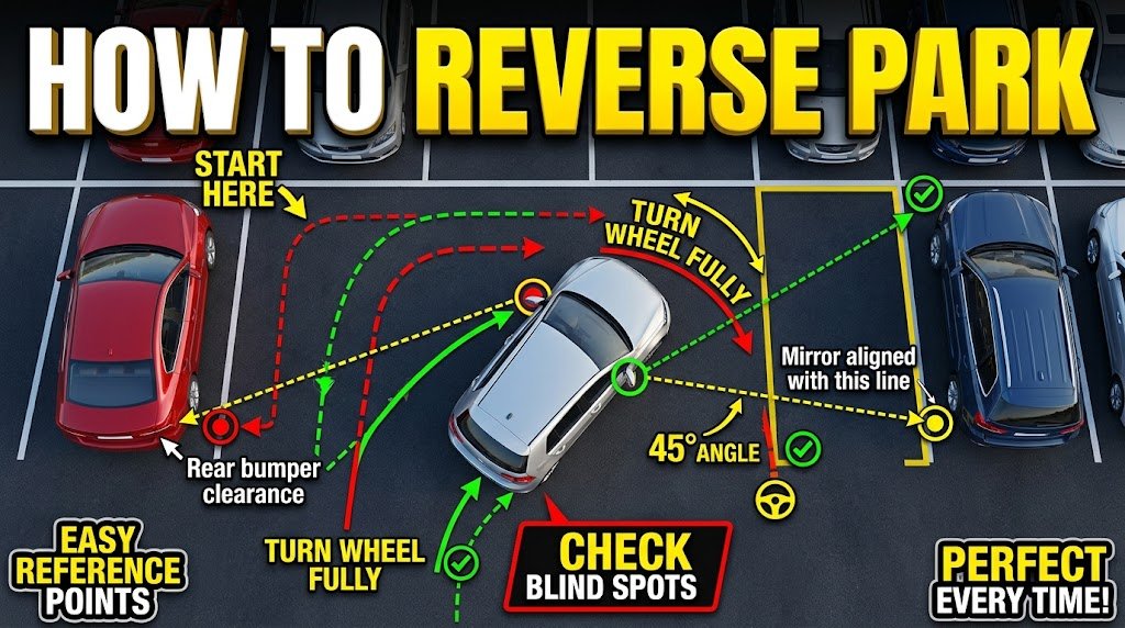 Reverse bay park driving test tips diagram showing vehicle reference points and lines