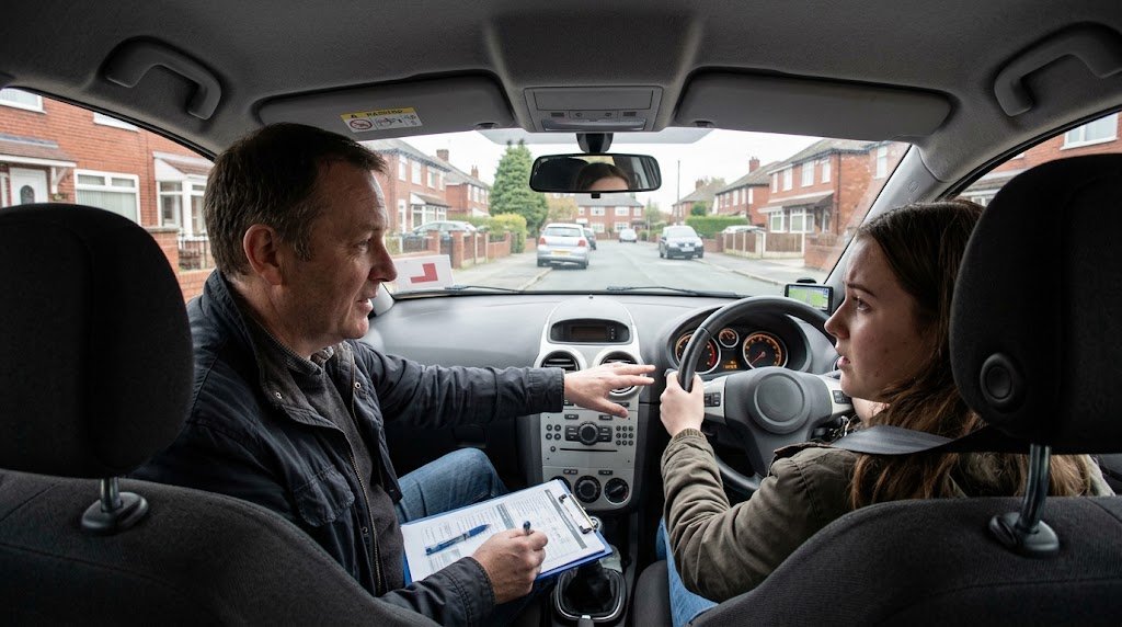 Lessons for nervous drivers in Bolton - patient instructor explaining car controls