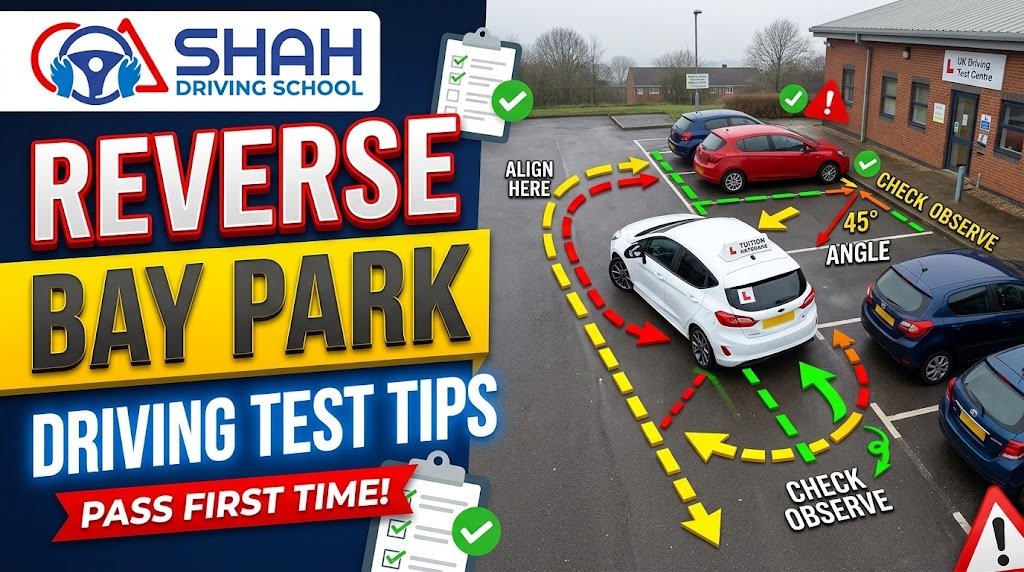 Overhead aerial diagram showing step-by-step reference points, trajectory arrows, and 45-degree angle alignment for reverse bay parking at a UK driving test centre, featuring the Shah Driving School logo.