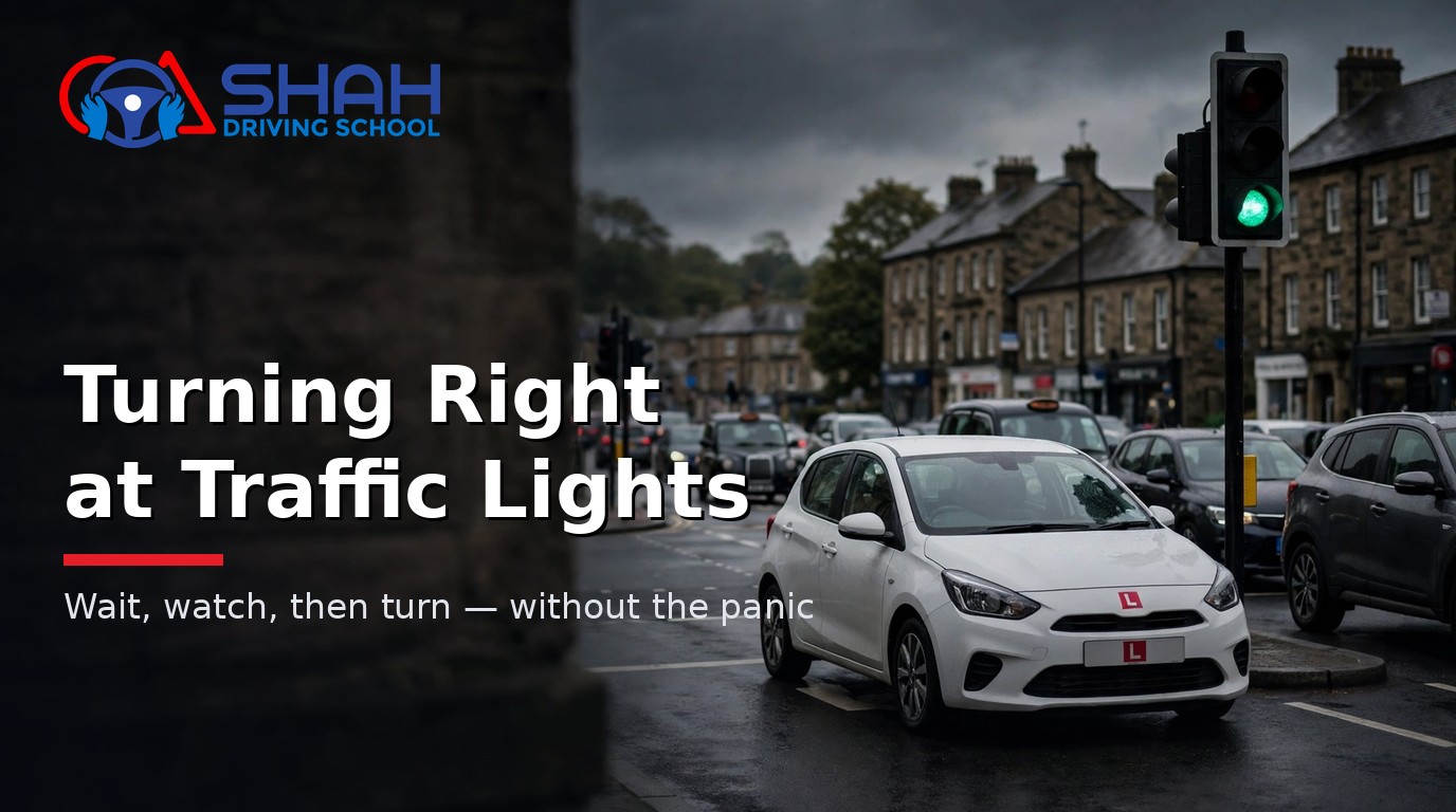 Learner car at a green traffic light junction in a UK town, positioned to turn right — turning right at traffic lights guide by Shah Driving School