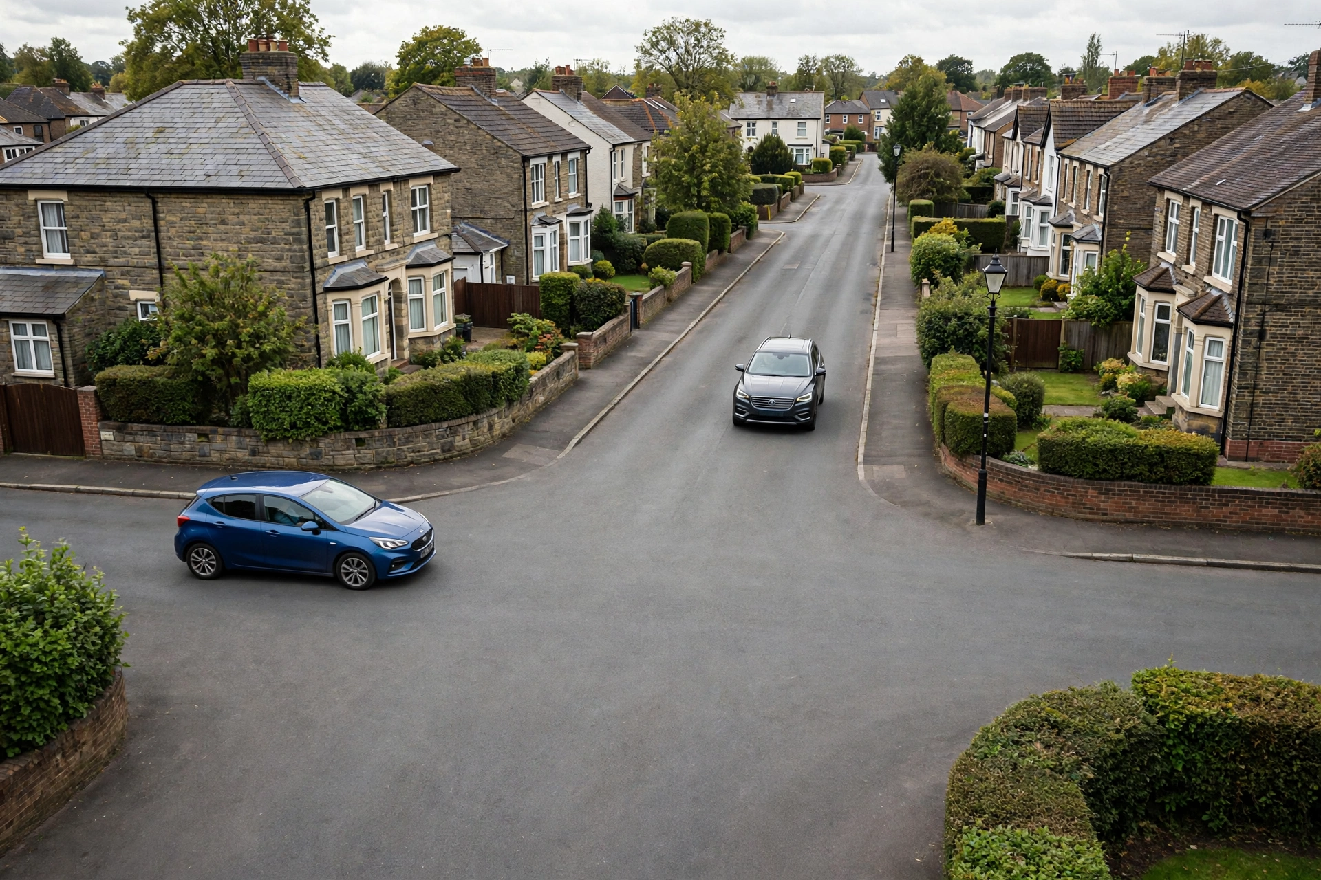 Two cars slowing cautiously at an unmarked crossroads in a residential area, neither with automatic priority