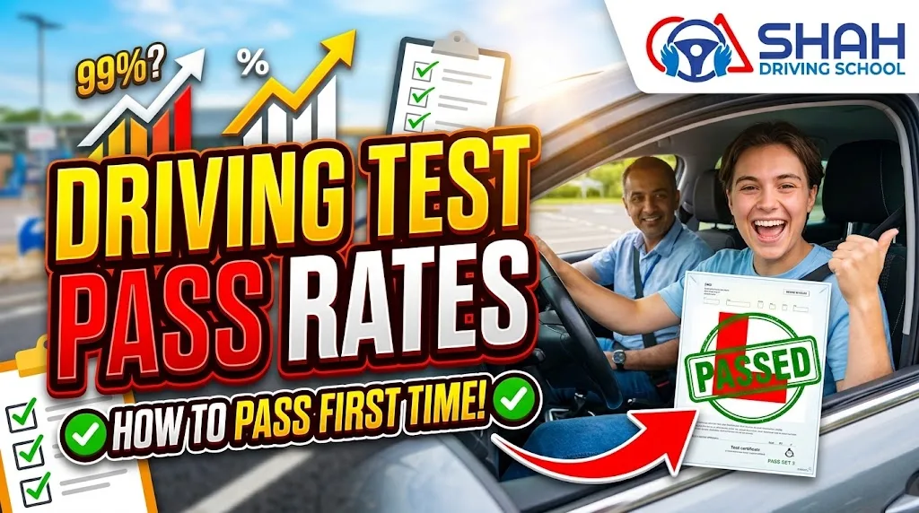 Driving test pass rates guide thumbnail with the Shah Driving School logo showing a smiling learner driver holding a passed test certificate alongside an instructor inside a car.