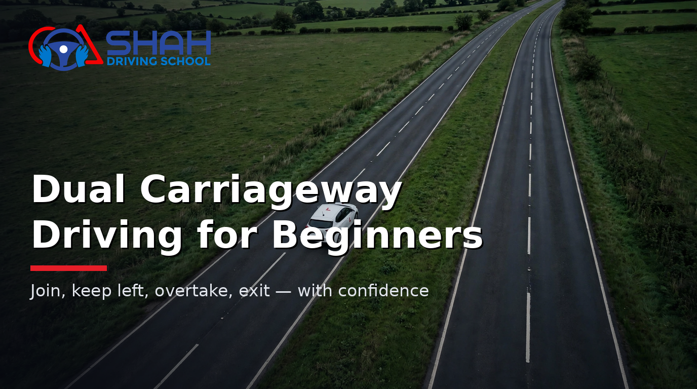 Aerial view of a learner car driving in the left lane of a UK dual carriageway with a grass central reservation — dual carriageway driving guide by Shah Driving School