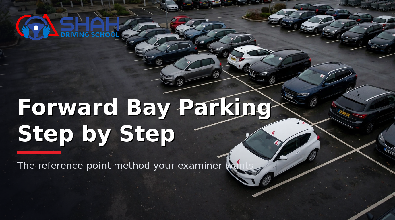 Learner car driving forward into a parking bay in a busy UK car park — forward bay parking step-by-step guide by Shah Driving School