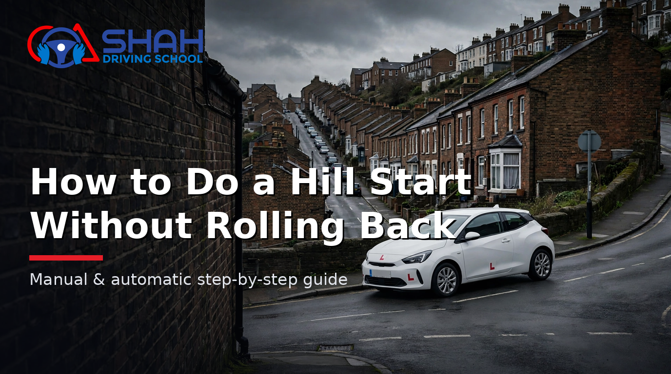 Learner car at the top of a steep hill street in Bolton — how to do a hill start without rolling back guide by Shah Driving School