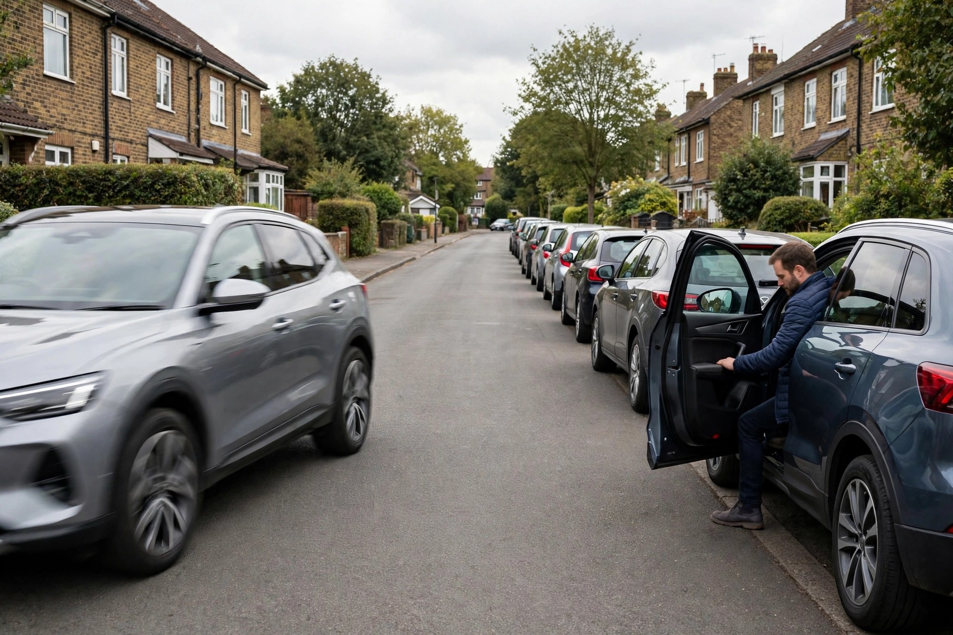  Car passing a row of parked cars with a wide door-width gap as a person opens a car door ahead