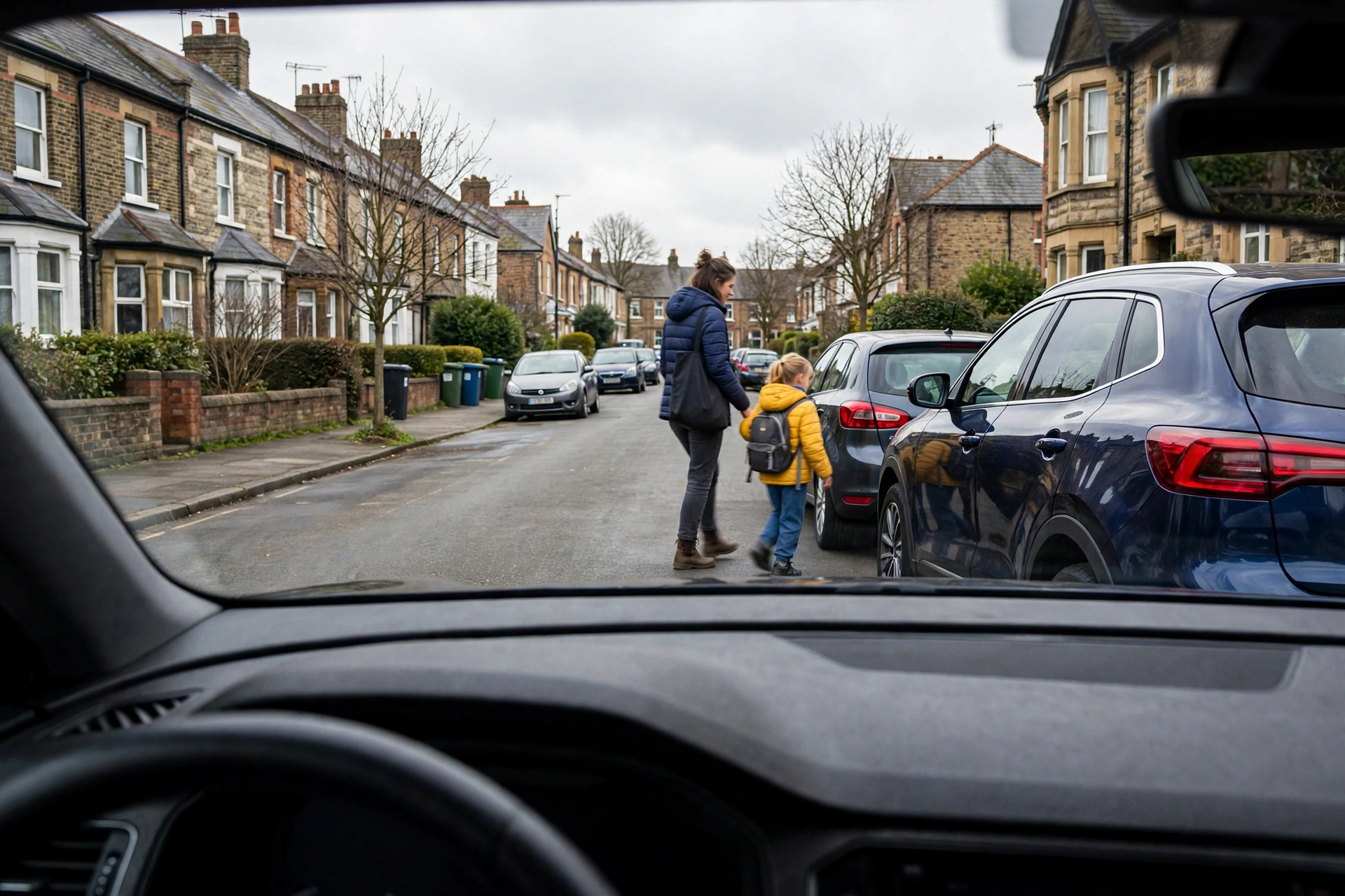 Driver's view approaching parked cars as a parent and child step out from between two parked vehicles