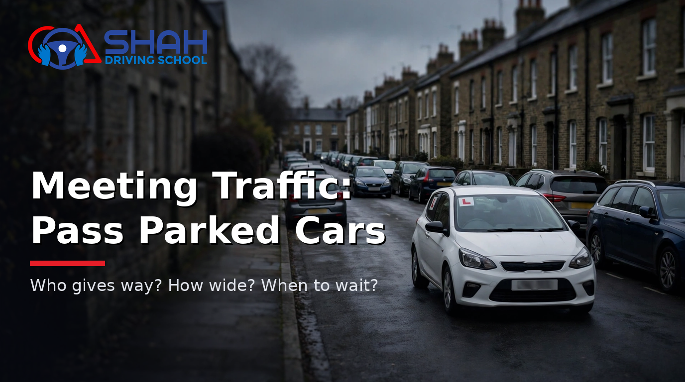 Learner car meeting traffic on a narrow terraced street lined with parked cars in Bolton — meeting traffic guide by Shah Driving School