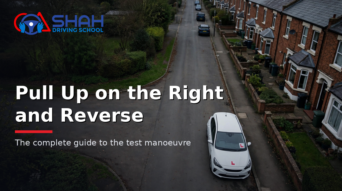 Learner car pulled up on the right-hand side of a quiet residential street in Bolton — pull up on the right and reverse guide by Shah Driving School