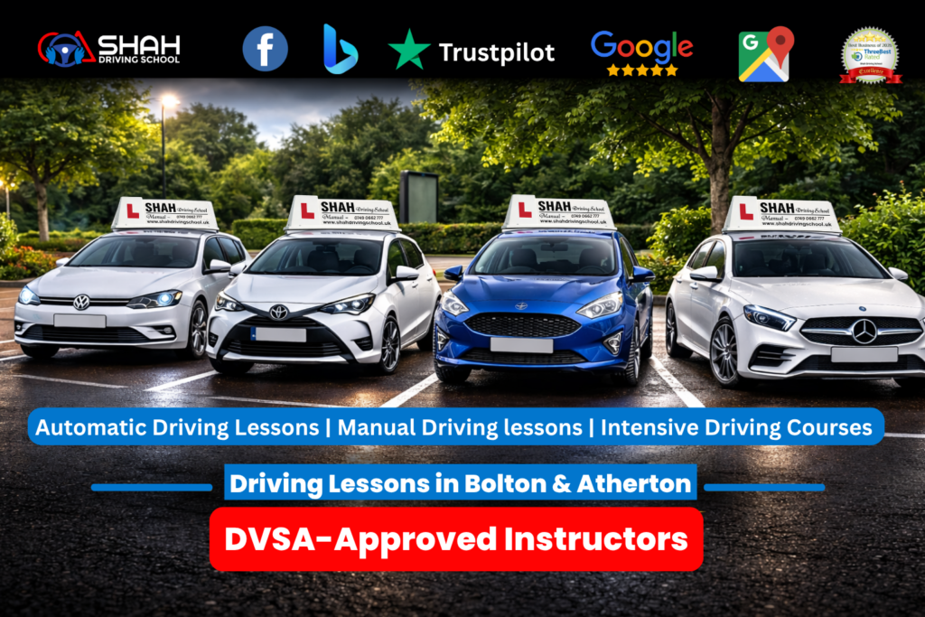 Shah Driving School fleet of manual and automatic learner cars with DVSA-approved driving instructors offering driving lessons, crash courses and intensive driving courses in Bolton and atherton