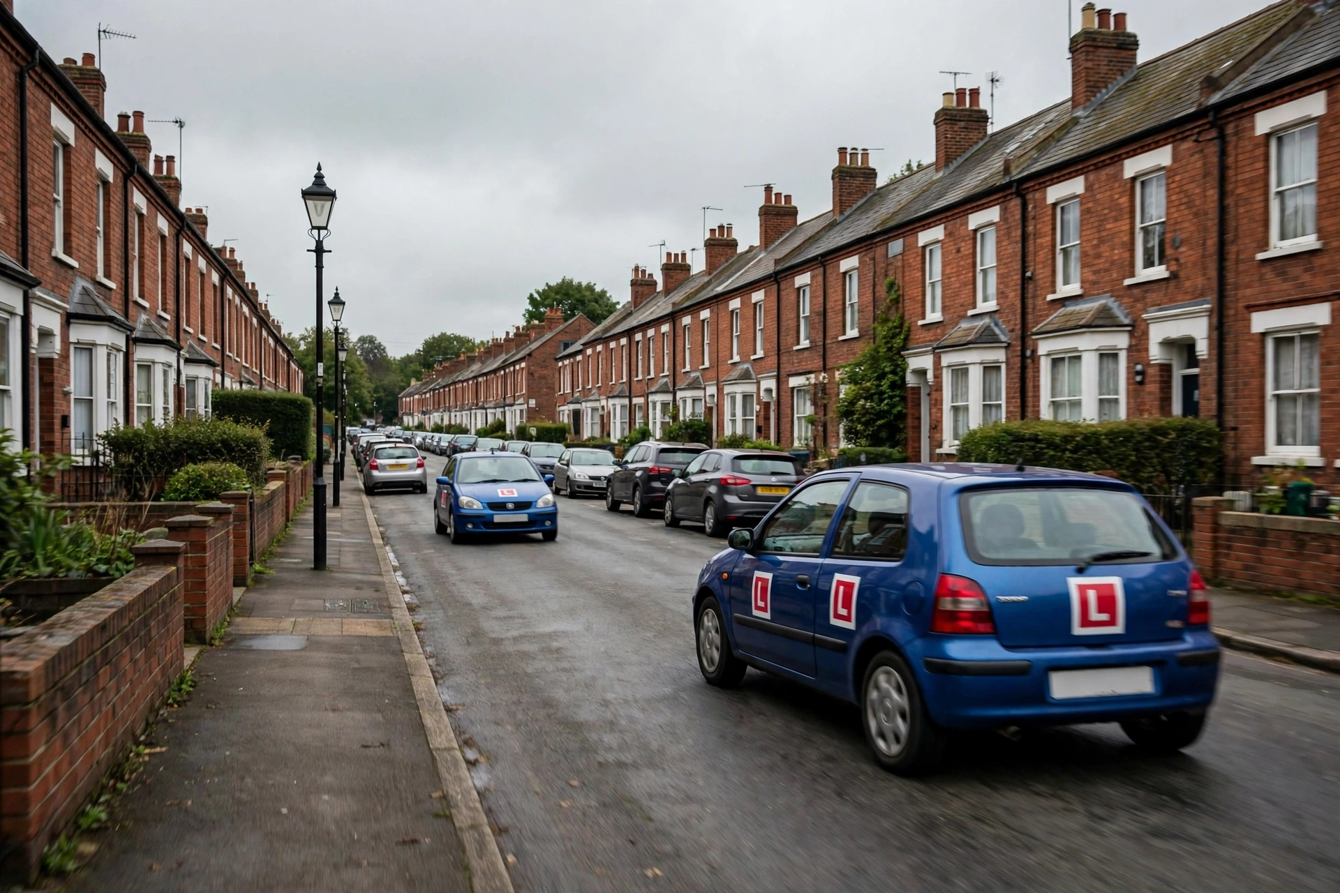 Learner car driving on a street-lit terraced road in a built-up area where the 30 mph limit applies without any signs