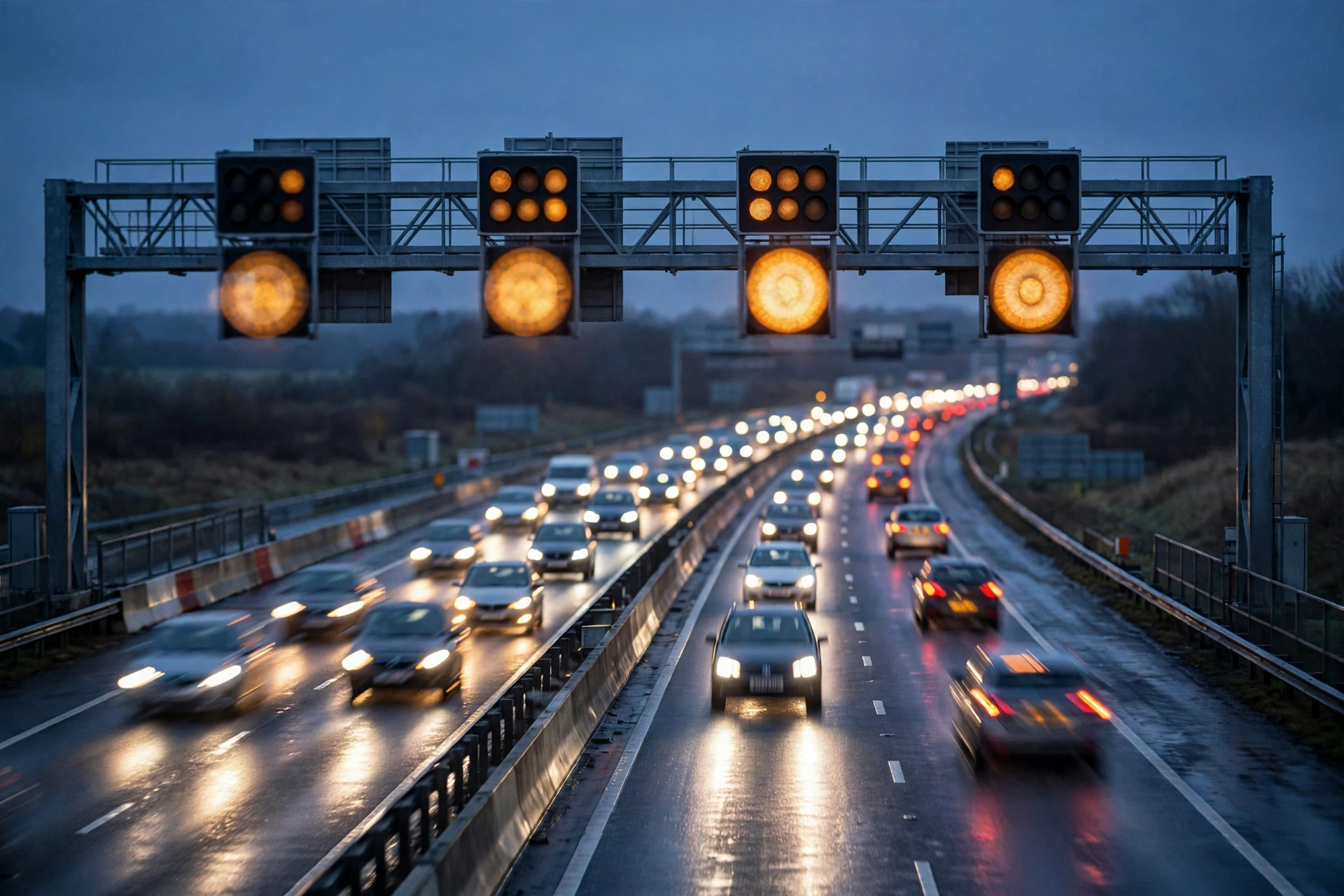 Smart motorway gantry displaying variable speed limits in red circles above the traffic lanes at dusk