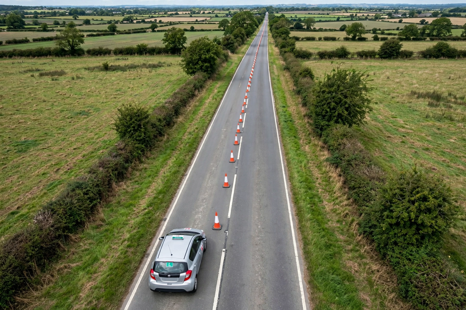 Orange cones spaced along an empty road in car lengths to visualise how long a stopping distance really is