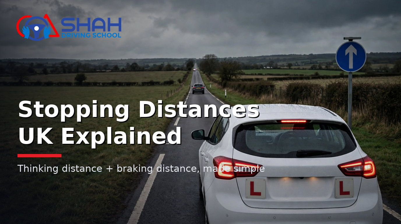 Learner car braking on a UK road with a long safe gap ahead — stopping distances UK explained by Shah Driving School