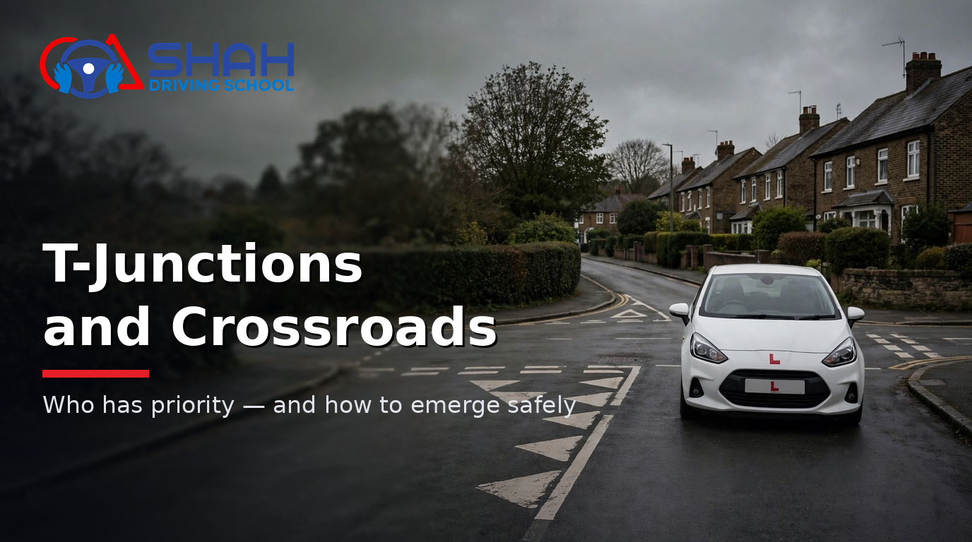 Learner car approaching a T-junction on a British residential street — T-junctions and crossroads learner's guide by Shah Driving School