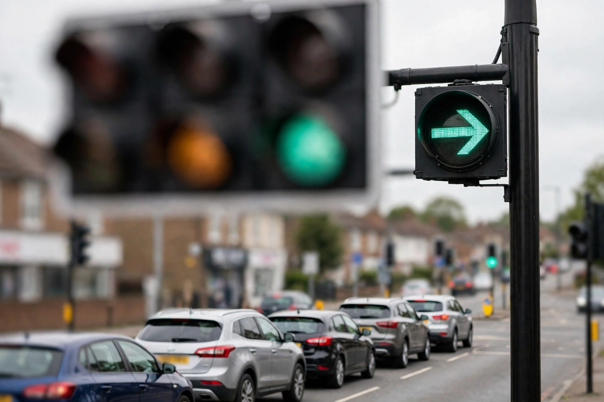 Traffic light signal head showing a green right filter arrow at a UK junction