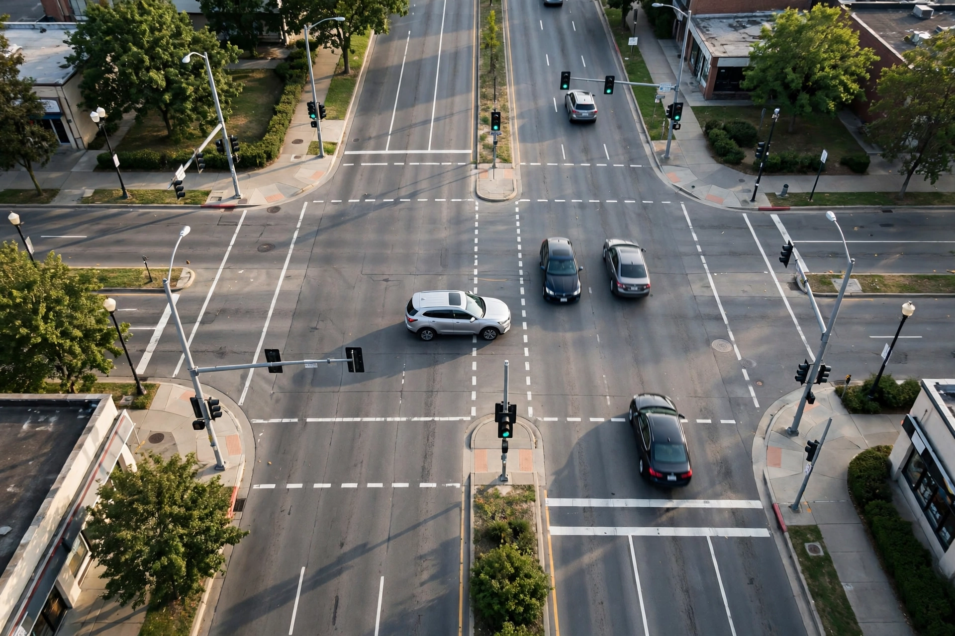 Car waiting in the middle of a signal-controlled junction to turn right, positioned just left of the centre with wheels straight