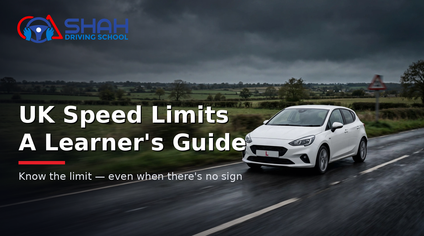 Learner car driving on an open UK road under a dramatic sky — UK speed limits learner's guide by Shah Driving School