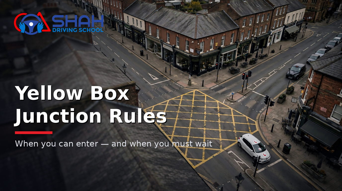 Aerial view of a yellow box junction in a UK town centre with a learner car waiting at the stop line — yellow box junction rules guide by Shah Driving School